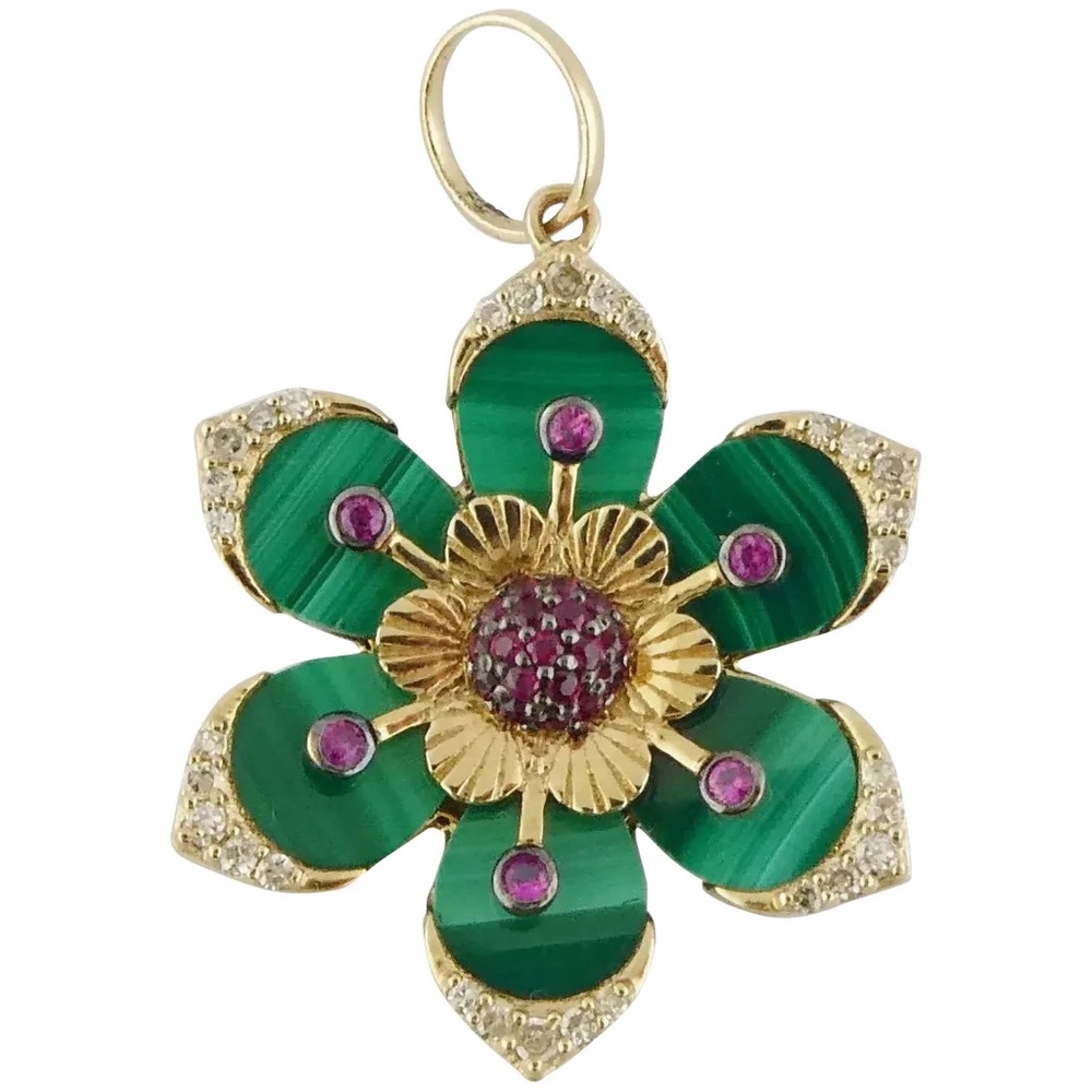 New 14K Yellow Gold Malachite Diamond Ruby Pink Sapphire Flower Pendant or Charm